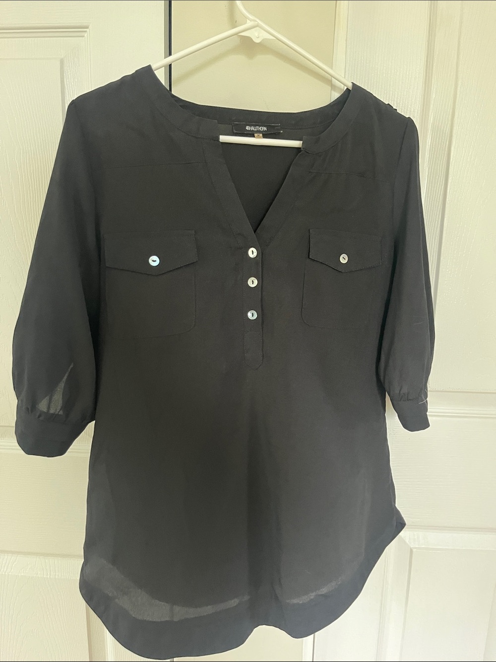 41 Hawthorn Black Split V-Neck Henley Tunic with Chest Pockets